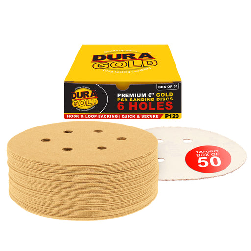 120 Grit - 6" Gold Hook & Loop 6-Hole Pattern Sanding Discs for DA Sanders - Box of 50