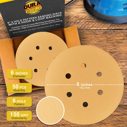 150 Grit - 6" Gold Hook & Loop 6-Hole Pattern Sanding Discs for DA Sanders - Box of 50