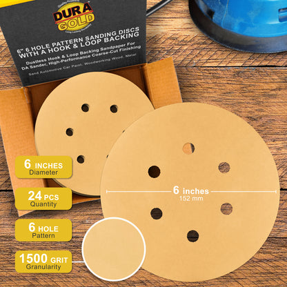 1500 Grit - 6" Gold Hook & Loop 6-Hole Pattern Sanding Discs for DA Sanders - Box of 24