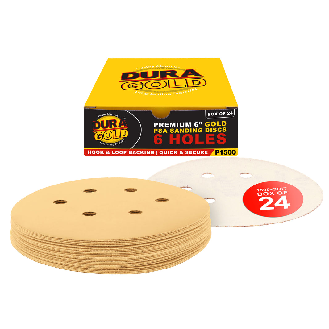 1500 Grit - 6" Gold Hook & Loop 6-Hole Pattern Sanding Discs for DA Sanders - Box of 24
