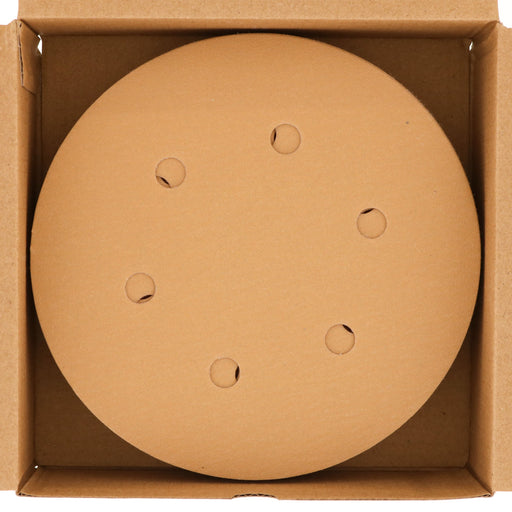 220 Grit - 6" Gold Hook & Loop 6-Hole Pattern Sanding Discs for DA Sanders - Box of 50