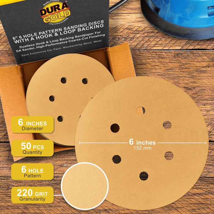 220 Grit - 6" Gold Hook & Loop 6-Hole Pattern Sanding Discs for DA Sanders - Box of 50