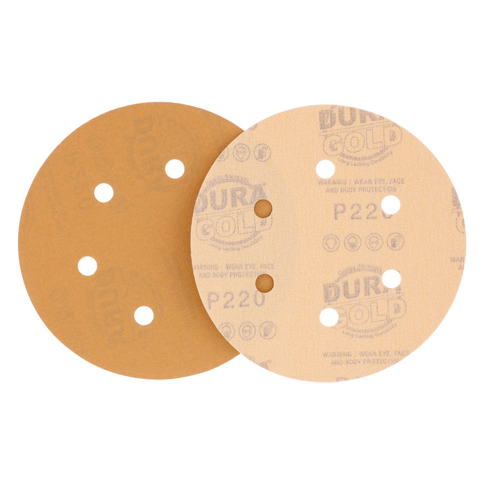 220 Grit - 6" Gold Hook & Loop 6-Hole Pattern Sanding Discs for DA Sanders - Box of 50