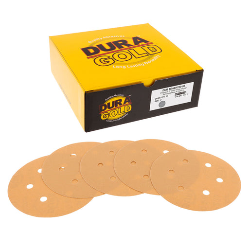 220 Grit - 6" Gold Hook & Loop 6-Hole Pattern Sanding Discs for DA Sanders - Box of 50