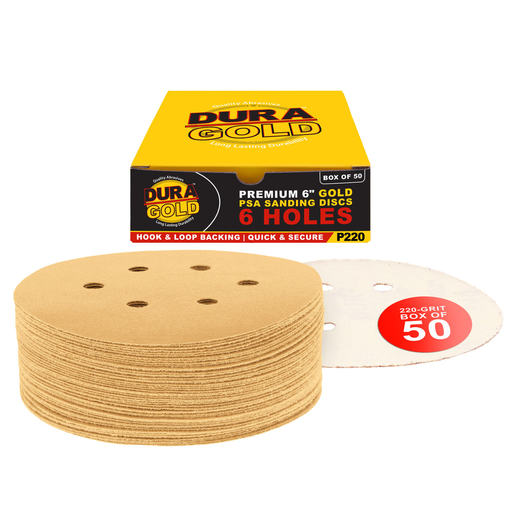 220 Grit - 6" Gold Hook & Loop 6-Hole Pattern Sanding Discs for DA Sanders - Box of 50
