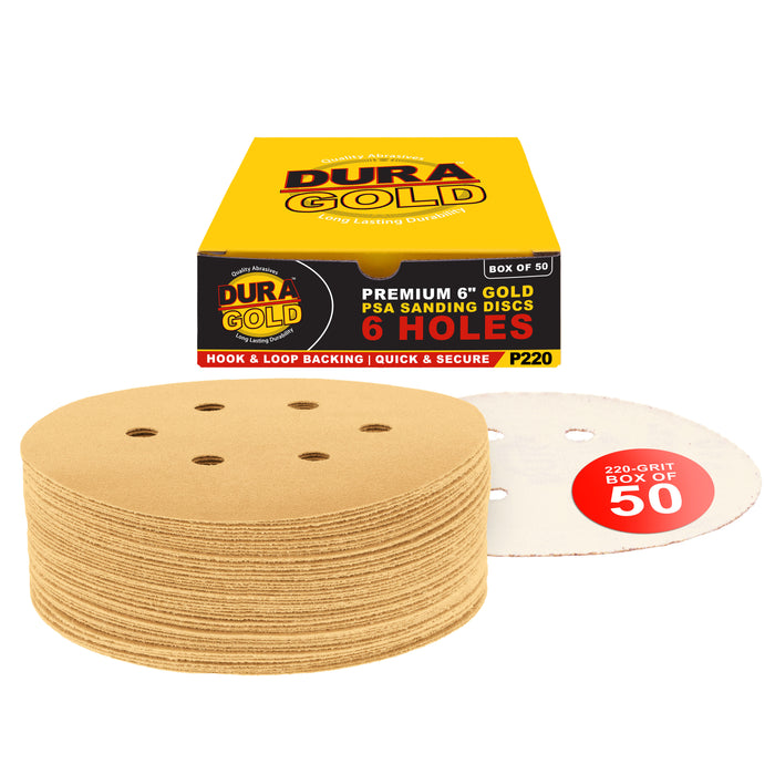 220 Grit - 6" Gold Hook & Loop 6-Hole Pattern Sanding Discs for DA Sanders - Box of 50