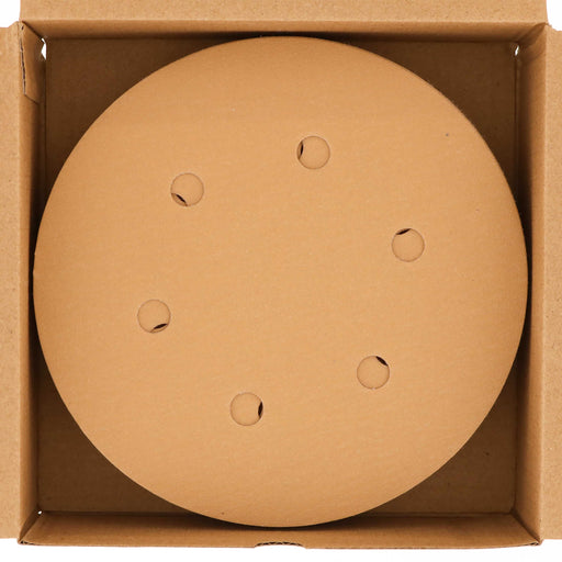 240 Grit 6" Gold Hook & Loop 6-Hole Sanding Discs for DA Sanders - Box of 50
