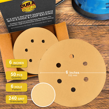 240 Grit 6" Gold Hook & Loop 6-Hole Sanding Discs for DA Sanders - Box of 50