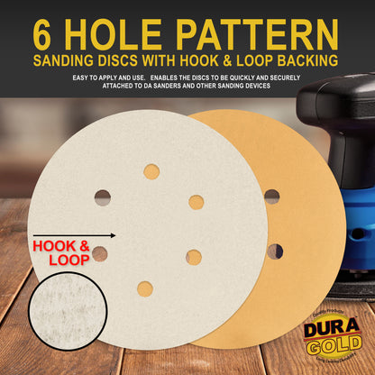 240 Grit 6" Gold Hook & Loop 6-Hole Sanding Discs for DA Sanders - Box of 50
