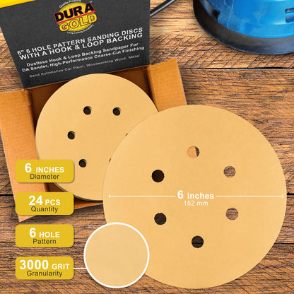 3000 Grit - 6" Gold Hook & Loop 6-Hole Pattern Sanding Discs for DA Sanders - Box of 24