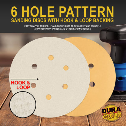 3000 Grit - 6" Gold Hook & Loop 6-Hole Pattern Sanding Discs for DA Sanders - Box of 24
