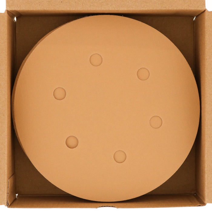 320 Grit - 6" Gold Hook & Loop 6-Hole Pattern Sanding Discs for DA Sanders - Box of 50