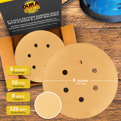 320 Grit - 6" Gold Hook & Loop 6-Hole Pattern Sanding Discs for DA Sanders - Box of 50