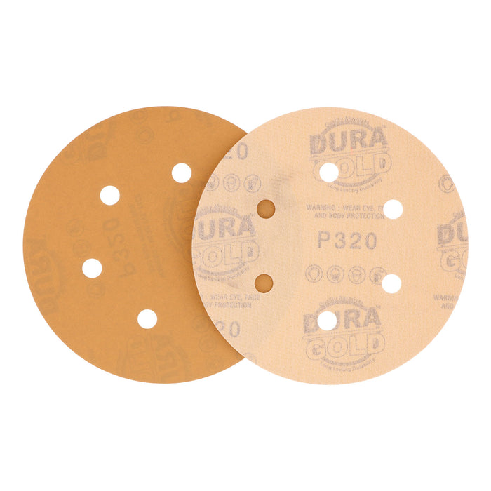 320 Grit - 6" Gold Hook & Loop 6-Hole Pattern Sanding Discs for DA Sanders - Box of 50