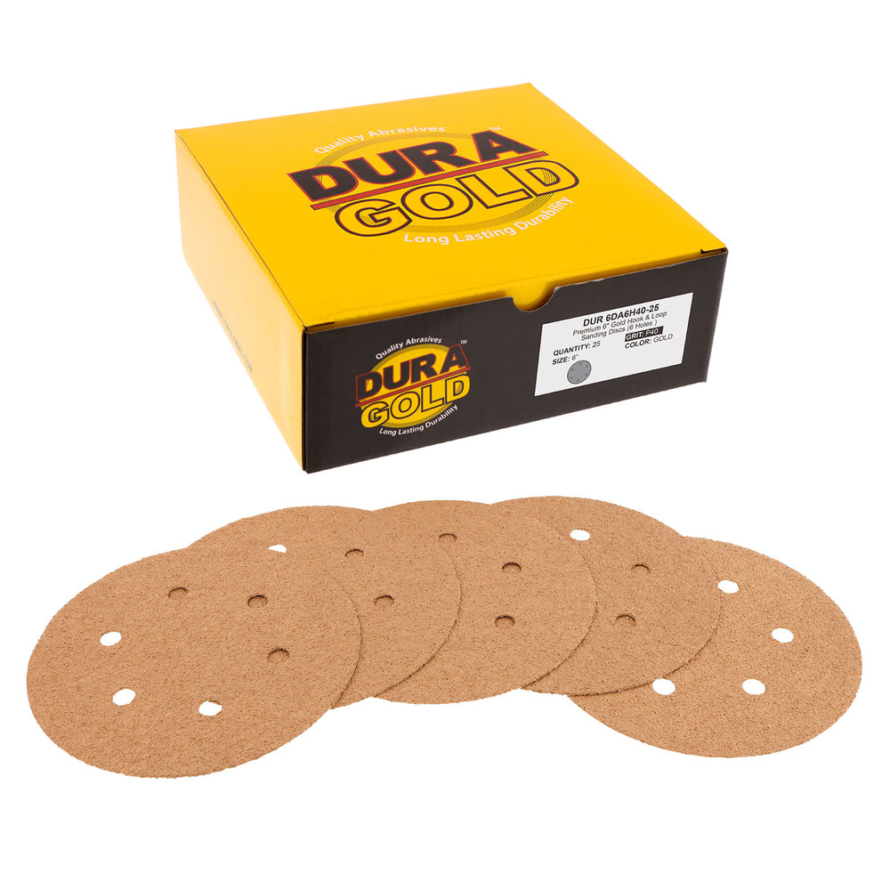 40 Grit - 6" Gold Hook & Loop 6-Hole Pattern Sanding Discs for DA Sanders - Box of 25