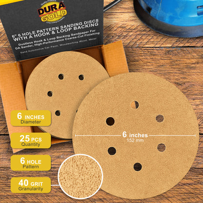 40 Grit - 6" Gold Hook & Loop 6-Hole Pattern Sanding Discs for DA Sanders - Box of 25
