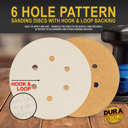40 Grit - 6" Gold Hook & Loop 6-Hole Pattern Sanding Discs for DA Sanders - Box of 25