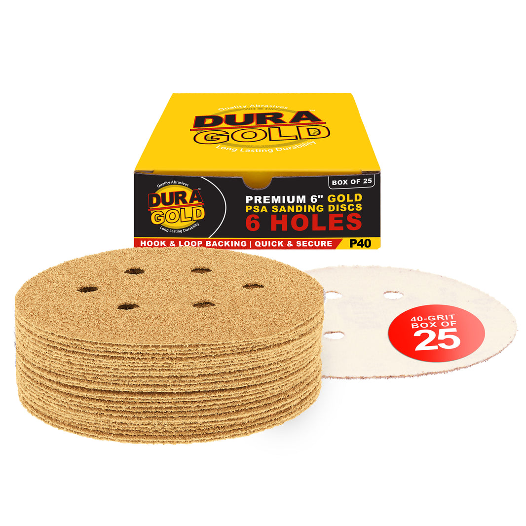 40 Grit - 6" Gold Hook & Loop 6-Hole Pattern Sanding Discs for DA Sanders - Box of 25