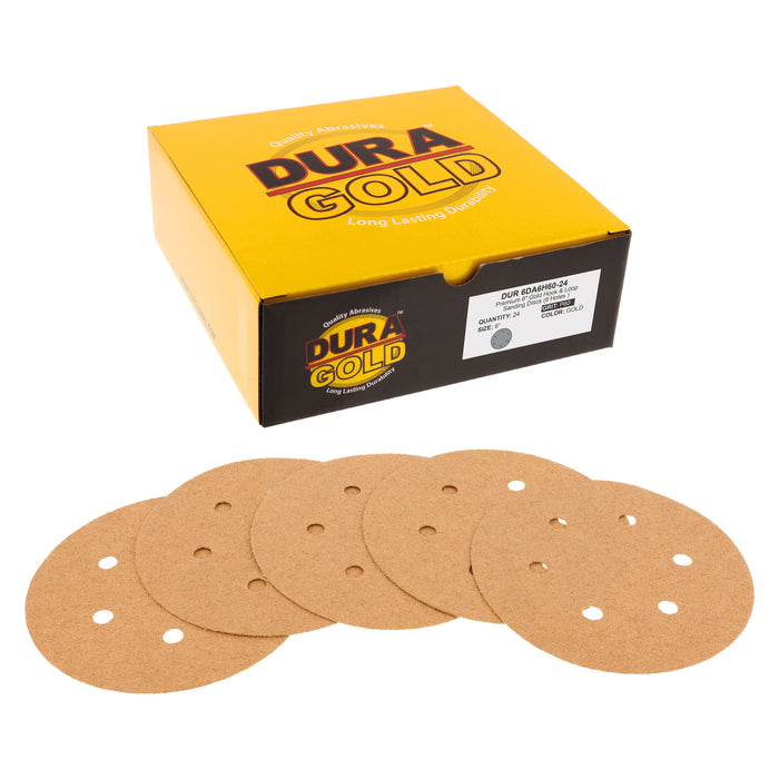 60 Grit - 6" Gold Hook & Loop 6-Hole Pattern Sanding Discs for DA Sanders - Box of 24