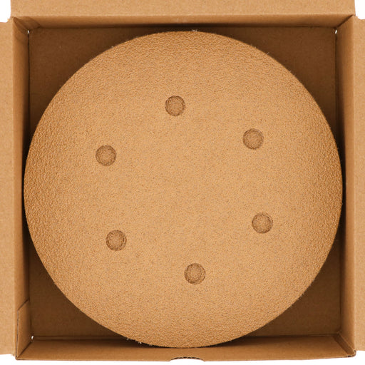 60 Grit - 6" Gold Hook & Loop 6-Hole Pattern Sanding Discs for DA Sanders - Box of 24
