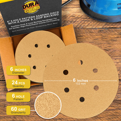 60 Grit - 6" Gold Hook & Loop 6-Hole Pattern Sanding Discs for DA Sanders - Box of 24
