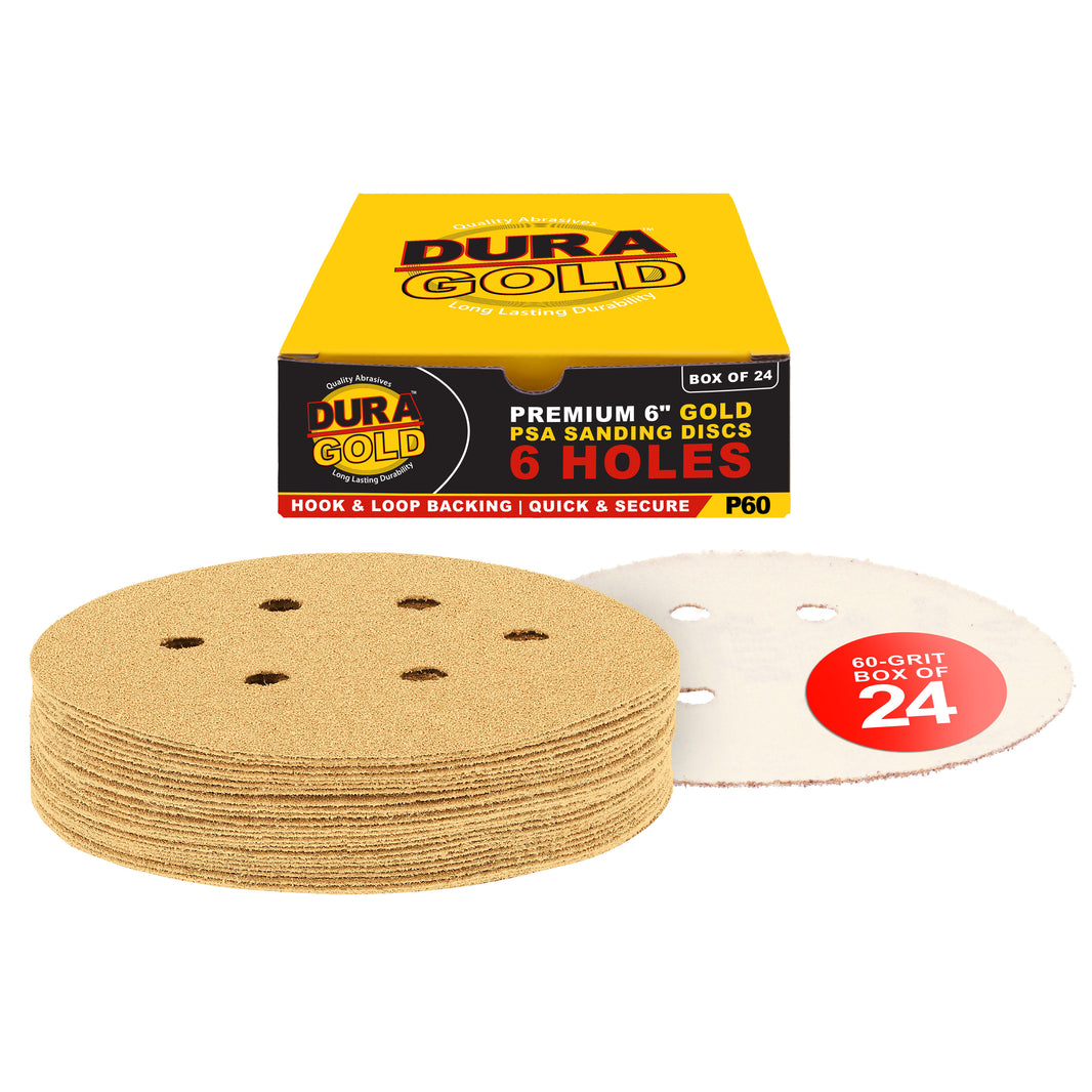 60 Grit - 6" Gold Hook & Loop 6-Hole Pattern Sanding Discs for DA Sanders - Box of 24