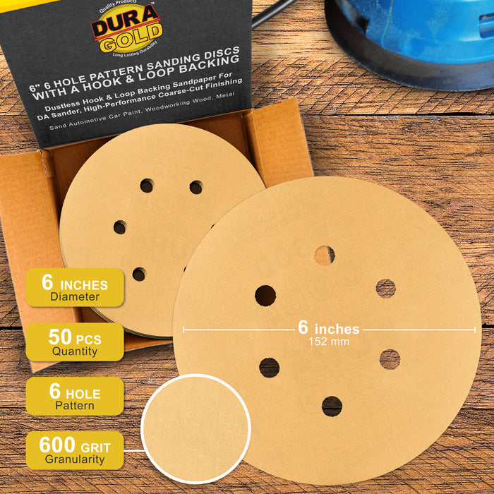 600 Grit - 6" Gold Hook & Loop 6-Hole Pattern Sanding Discs for DA Sanders - Box of 50