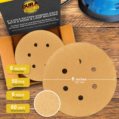80 Grit - 6" Gold Hook & Loop 6-Hole Pattern Sanding Discs for DA Sanders - Box of 50