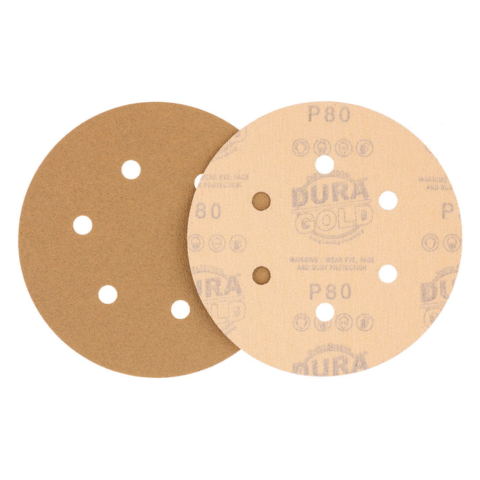 80 Grit - 6" Gold Hook & Loop 6-Hole Pattern Sanding Discs for DA Sanders - Box of 50