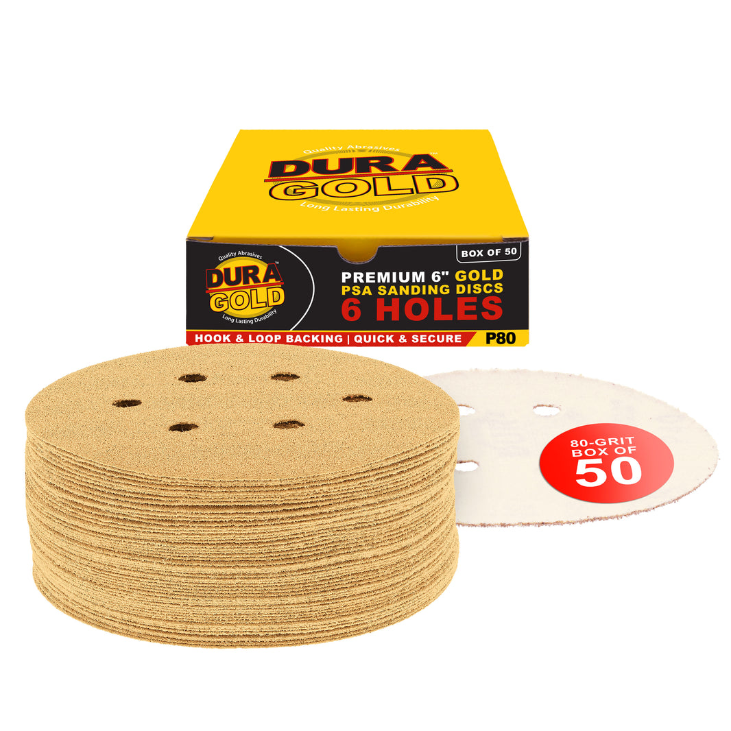 80 Grit - 6" Gold Hook & Loop 6-Hole Pattern Sanding Discs for DA Sanders - Box of 50