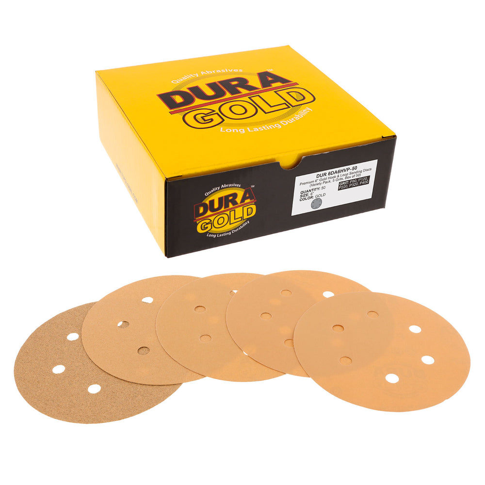 Variety Grit Pack - (80,120,220,320,400) - 6" Gold Hook & Loop 6-Hole Pattern Sanding Discs for DA Sanders - Box of 50