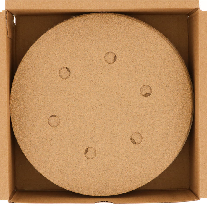 Variety Grit Pack - (80,120,220,320,400) - 6" Gold Hook & Loop 6-Hole Pattern Sanding Discs for DA Sanders - Box of 50