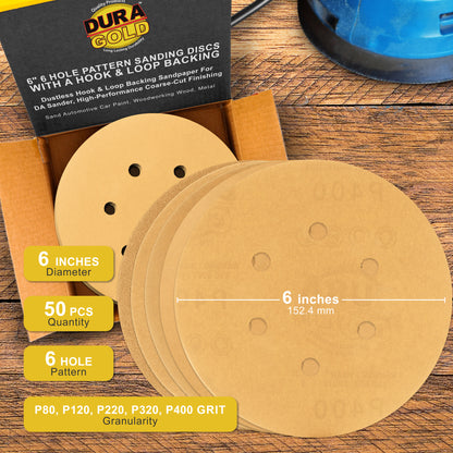 Variety Grit Pack - (80,120,220,320,400) - 6" Gold Hook & Loop 6-Hole Pattern Sanding Discs for DA Sanders - Box of 50