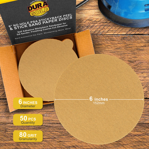 80 Grit - 6" Gold PSA Self Adhesive Stickyback Sanding Discs for DA Sanders - Box of 50