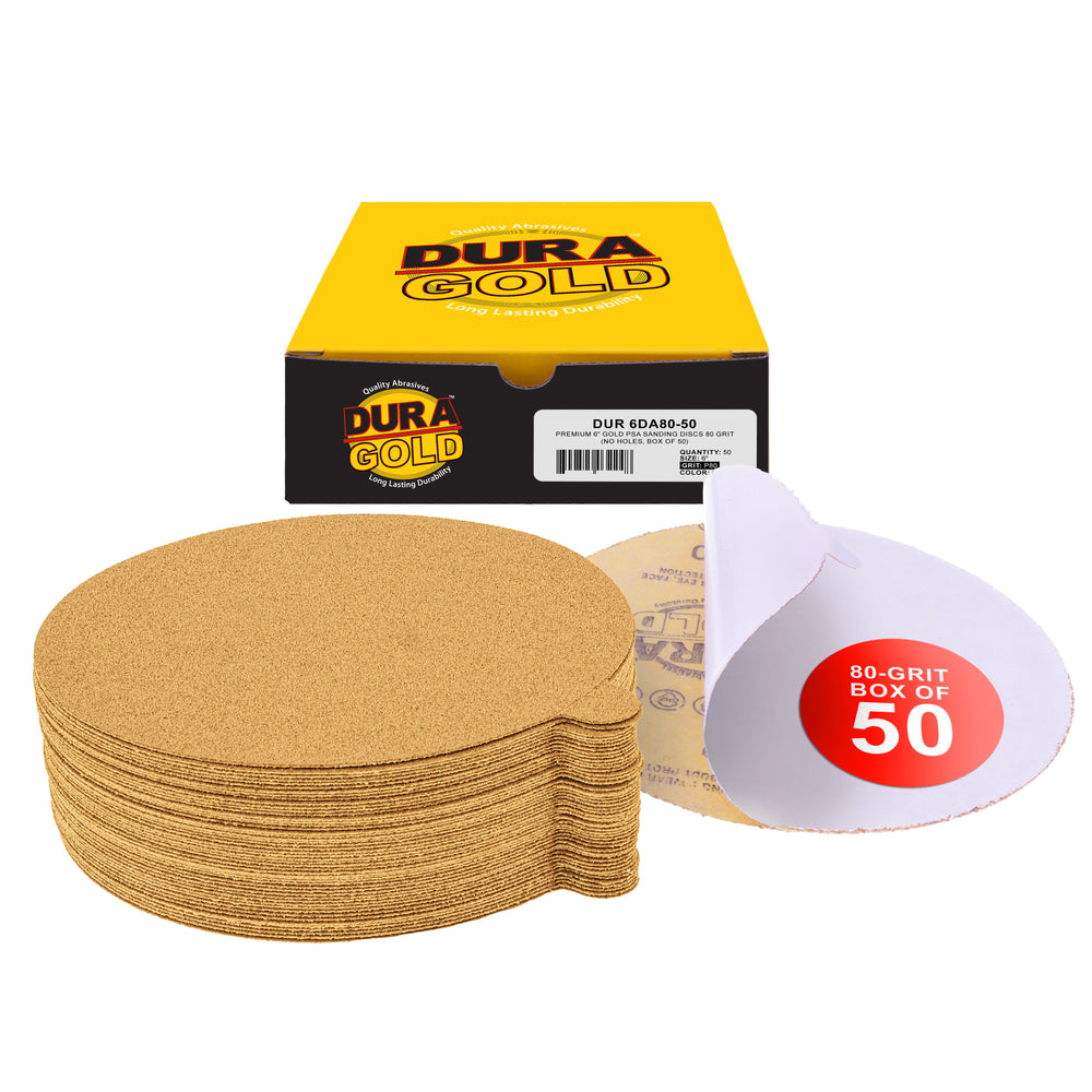 80 Grit - 6" Gold PSA Self Adhesive Stickyback Sanding Discs for DA Sanders - Box of 50