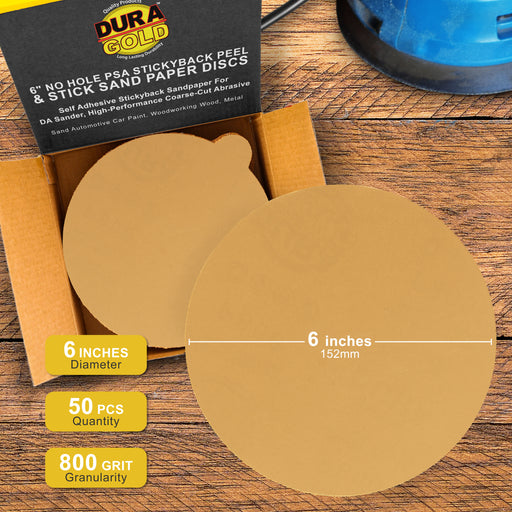 800 Grit - 6" Gold PSA Self Adhesive Stickyback Sanding Discs for DA Sanders - Box of 50
