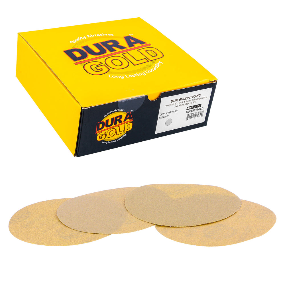 120 Grit - 6" Gold Hook & Loop No Hole Pattern Sanding Discs for DA Sanders - Box of 50