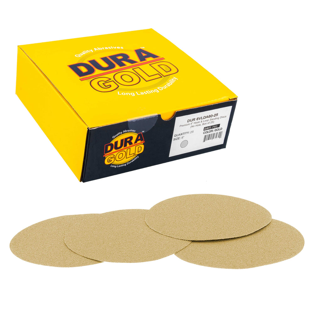 60 Grit - 6" Gold Hook & Loop No Hole Pattern Sanding Discs for DA Sanders - Box of 25