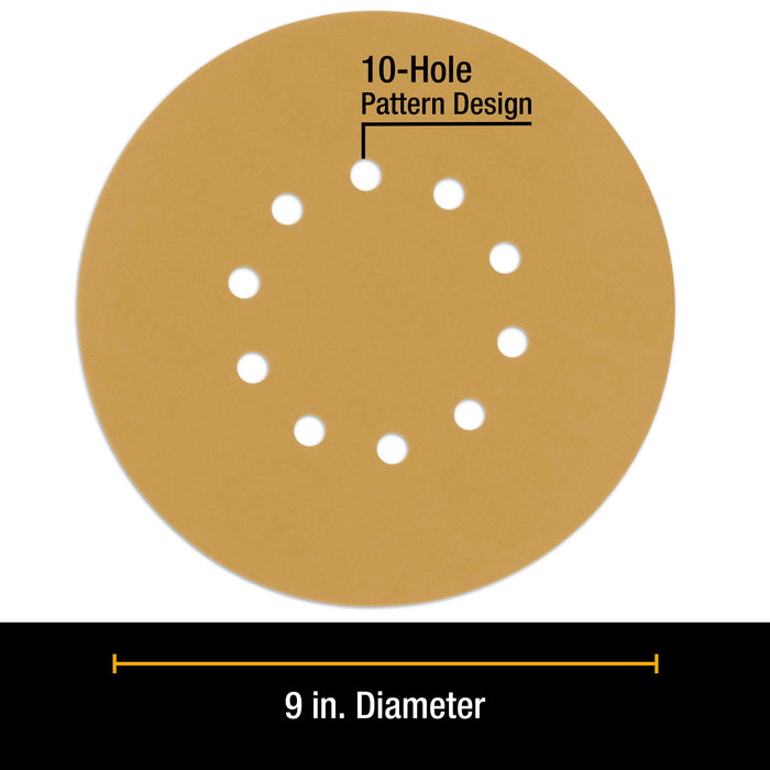Dura-Gold Premium 9" Drywall Sanding Discs - 120 Grit (Box of 10) - 10 Hole Pattern Hook & Loop Aluminum Oxide Sandpaper - For Power Sander, Sand Wood