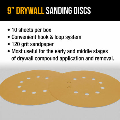 Premium 9" Drywall Sanding Discs - 120 Grit (Box of 10) - 10 Hole Pattern Hook & Loop Aluminum Oxide Sandpaper - For Power Sander, Sand Wood