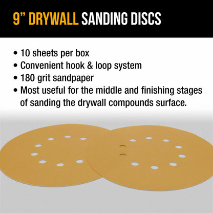 Premium 9" Drywall Sanding Discs - 180 Grit (Box of 10) - 10 Hole Pattern Hook & Loop Aluminum Oxide Sandpaper - For Power Sander, Sand Wood
