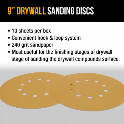 Premium 9" Drywall Sanding Discs - 240 Grit (Box of 10) - 10 Hole Pattern Hook & Loop Aluminum Oxide Sandpaper - For Power Sander, Sand Wood