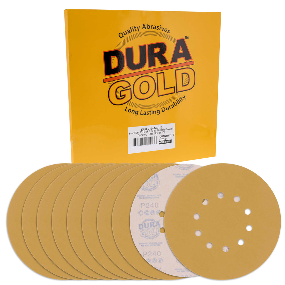 Dura-Gold Premium 9" Drywall Sanding Discs - 240 Grit (Box of 10) - 10 Hole Pattern Hook & Loop Aluminum Oxide Sandpaper - For Power Sander, Sand Wood