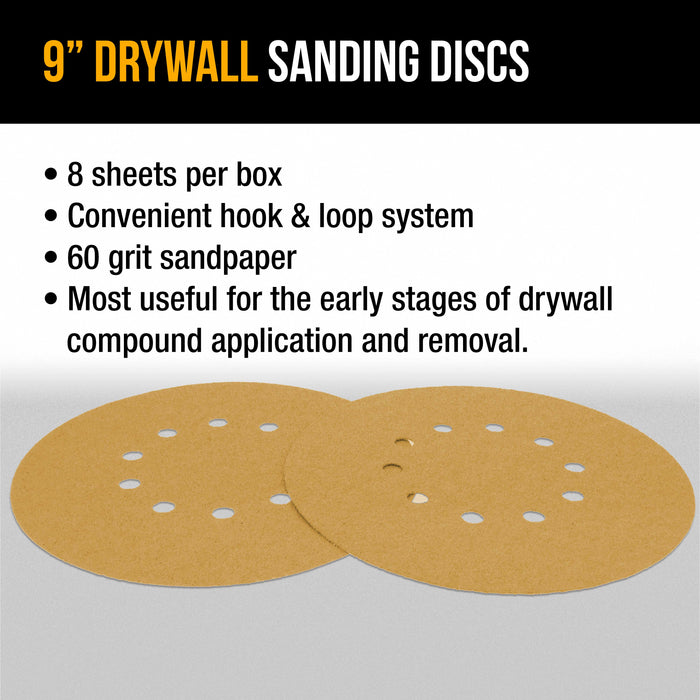 Dura-Gold Premium 9" Drywall Sanding Discs - 60 Grit (Box of 8) - 10 Hole Pattern Hook & Loop Aluminum Oxide Sandpaper - For Power Sander, Sand Wood