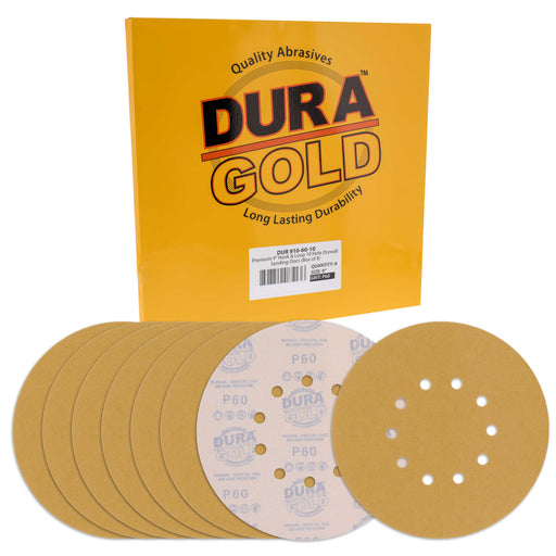 Dura-Gold Premium 9" Drywall Sanding Discs - 60 Grit (Box of 8) - 10 Hole Pattern Hook & Loop Aluminum Oxide Sandpaper - For Power Sander, Sand Wood