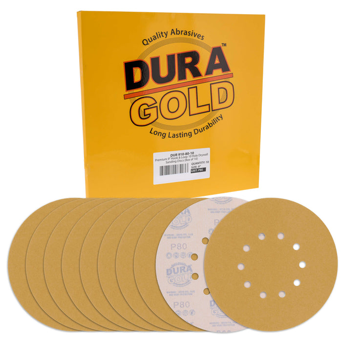 Dura-Gold Premium 9" Drywall Sanding Discs - 80 Grit (Box of 10) - 10 Hole Pattern Hook & Loop Aluminum Oxide Sandpaper - For Power Sander, Sand Wood