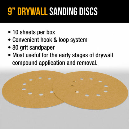 Premium 9" Drywall Sanding Discs - 80 Grit (Box of 10) - 10 Hole Pattern Hook & Loop Aluminum Oxide Sandpaper - For Power Sander, Sand Wood