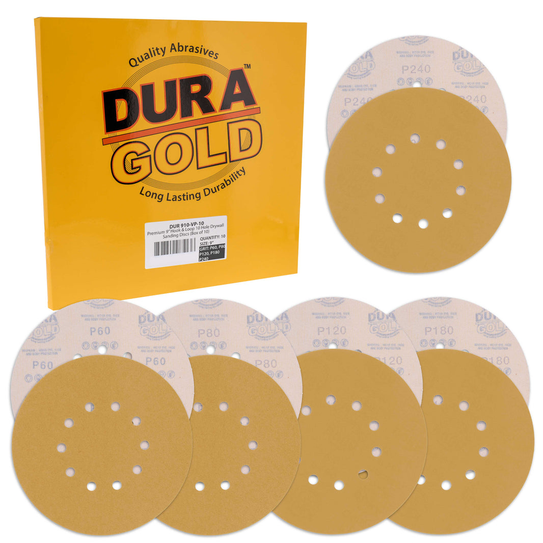 Premium 9" Drywall 10 Hole Pattern Sanding Discs Variety Pack - 60, 80, 120, 180, 240 Grit (2 Discs Each, 10 Total), Hook & Loop Sandpaper