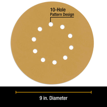 Premium 9" Drywall 10 Hole Pattern Sanding Discs Variety Pack - 60, 80, 120, 180, 240 Grit (2 Discs Each, 10 Total), Hook & Loop Sandpaper