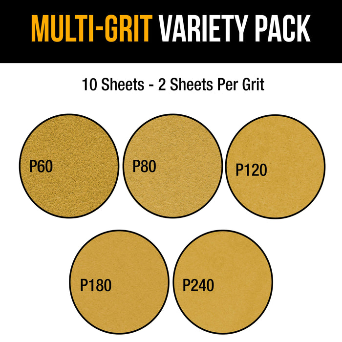 Dura-Gold Premium 9" Drywall 10 Hole Pattern Sanding Discs Variety Pack - 60, 80, 120, 180, 240 Grit (2 Discs Each, 10 Total), Hook & Loop Sandpaper